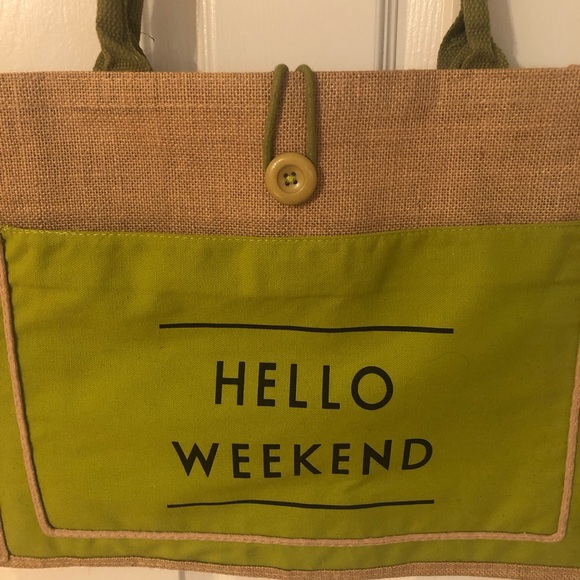 Hello Weekend Burlap Tote Bag - Picture 3 of 6